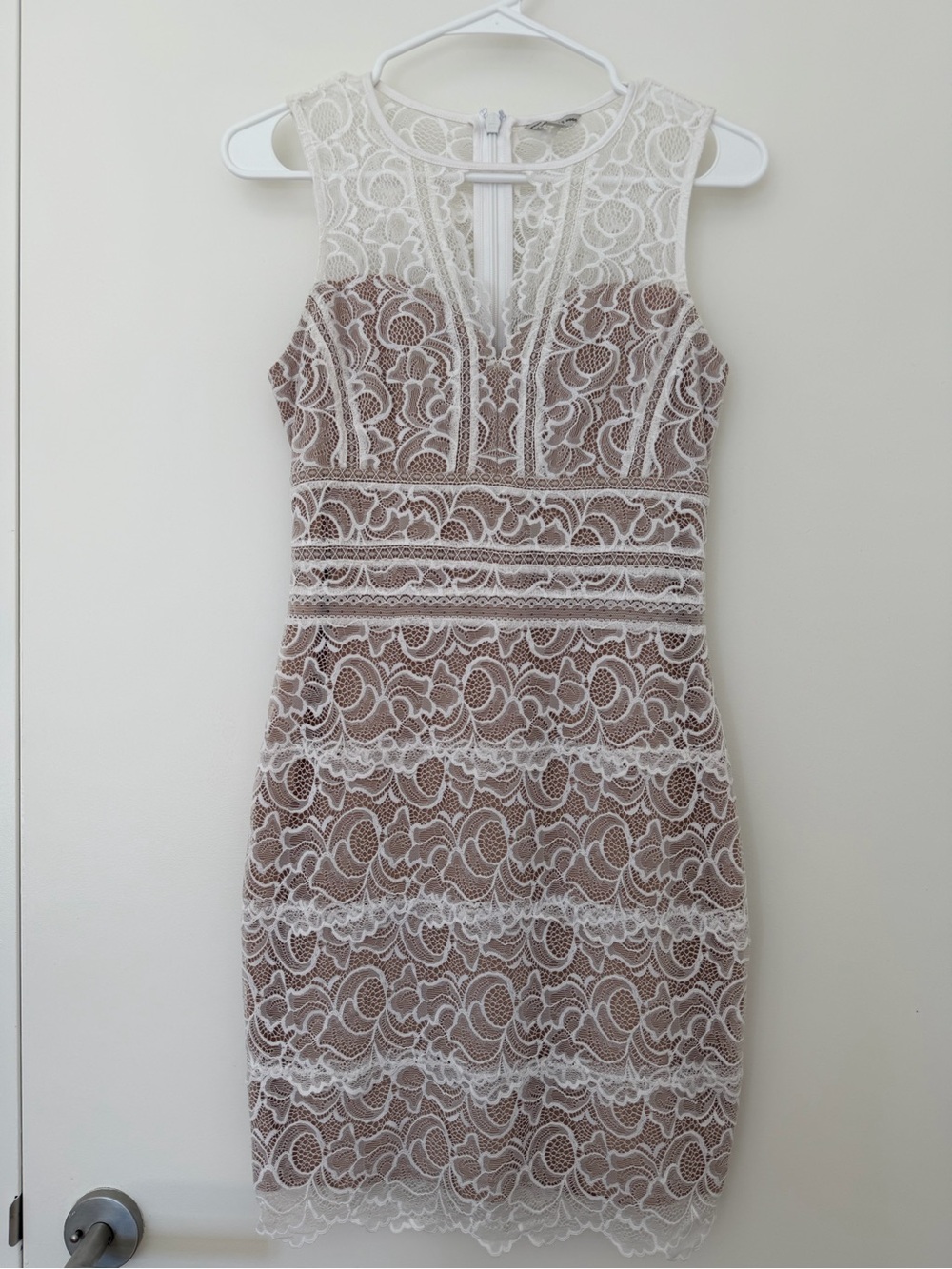 Guess Ivory Lace Overlay Taupe Sheath Cocktail Dress/White Graduation Dress